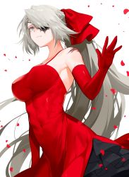 Rule 34 | 1girl, abs, breasts, commentary request, covered navel, cowboy shot, dress, elbow gloves, eyepatch, gloves, grey eyes, grey hair, highres, lydia macarthur, original, petals, ponytail, red dress, red gloves, scar, simple background, sleeveless, sleeveless dress, solo, waka (shark waka), white background