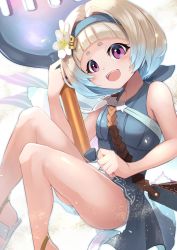 Rule 34 | 1girl, blue eyes, blue hair, fire emblem, fire emblem heroes, gradient hair, highres, looking at viewer, multicolored hair, nakabayashi zun, nintendo, open mouth, purple eyes, short hair, simple background, smile, solo, swimsuit, thighs, tiara, water, white hair, ylgr (fire emblem)