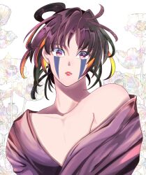 Rule 34 | 1boy, bare shoulders, bishounen, brown hair, collarbone, daytodaydesire, facial mark, floral background, highres, inuyasha, jakotsu (inuyasha), japanese clothes, kimono, kimono partially removed, looking at viewer, makeup, male focus, parted lips, pink eyes, pink lips, solo, updo, upper body