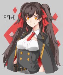 Rule 34 | 1girl, argyle, argyle background, argyle clothes, bad id, bad pixiv id, belt, black hair, breasts, character name, closed mouth, corset, girls&#039; frontline, hair ribbon, highres, jacket, jacket on shoulders, long hair, looking at viewer, nagidori, necktie, open clothes, open jacket, orange eyes, pouch, red necktie, ribbon, sidelocks, small breasts, smile, solo, twintails, type 97 (girls&#039; frontline), upper body, very long hair