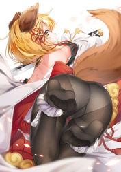 Rule 34 | 1girl, absurdres, animal ears, ass, back, bare shoulders, black pantyhose, blonde hair, blush, braid, closed mouth, commentary request, detached sleeves, dog ears, dog girl, dog tail, erune, feet, from behind, granblue fantasy, gusset, highres, holding, holding sword, holding weapon, hyouta (yoneya), katana, looking at viewer, looking back, no shoes, panties, panties under pantyhose, pantyhose, short hair, sideless outfit, smile, soles, solo, sword, tail, thighband pantyhose, underwear, vajra (granblue fantasy), weapon, white panties, wide sleeves, yellow eyes