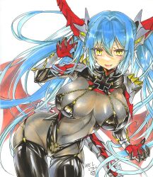 Rule 34 | 1girl, armor, azur lane, blue hair, bodystocking, breasts, claw pose, covered navel, cross, dragon girl, dragon horns, dragon tail, dragon wings, garter straps, gloves, hair between eyes, horns, iron cross, large breasts, latex, latex legwear, long hair, looking at viewer, marker (medium), mechanical horns, mezashi gohan, navel, open mouth, pauldrons, pointy ears, regensburg (azur lane), see-through, shoulder armor, signature, simple background, slit pupils, smile, solo, spikes, tail, traditional media, twintails, white background, wings, yellow eyes