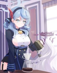 Rule 34 | 2girls, absurdres, ahoge, ajeu914, ako (blue archive), arm support, bell, black gloves, blue archive, blue eyes, blue hair, blurry, breasts, coffee, coffee pot, commentary request, demon girl, demon horns, depth of field, earrings, garter straps, gloves, hair between eyes, halo, highres, hina (blue archive), holding, holding paper, horns, indoors, jewelry, large breasts, long hair, long sleeves, medium breasts, military uniform, multiple girls, neck bell, paper, pouring, reading, sideboob, sidelocks, smile, solo focus, teapot, uniform, water, wavy hair, white hair, window