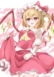 Rule 34 | 1girl, ascot, blonde hair, clothes lift, crystal, dress, flandre scarlet, highres, medium hair, open mouth, red dress, red eyes, red nails, shirotsuki shirone, side ponytail, skirt, skirt lift, solo, touhou, yellow ascot
