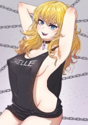 Rule 34 | 1girl, :d, absurdres, armpit hair, armpits, arms behind head, blonde hair, blue eyes, breasts, butcherboy, character request, cleavage, collar, commission, covered erect nipples, groin, highres, long hair, looking at viewer, medium breasts, open mouth, pixiv commission, sideboob, smile, solo, teeth