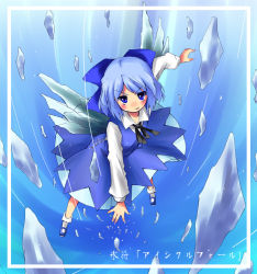 Rule 34 | 1girl, bad id, bad pixiv id, blue hair, blue theme, cirno, dress, embodiment of scarlet devil, female focus, full body, gradient background, ice, ribbon, short hair, socks, solo, subachi, touhou, translated, wings