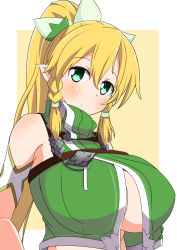 Rule 34 | 1girl, bare shoulders, blonde hair, blush, border, braid, breasts, elf, female focus, green eyes, hair ornament, highres, huge breasts, leafa, long hair, looking at viewer, naruse mai, no bra, outside border, pointy ears, ponytail, shirt, simple background, smile, solo, sword art online, sword art online: hollow realization, underboob, upper body, white border