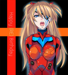Rule 34 | 10s, 1girl, :o, angry, arms behind back, black background, blonde hair, blue eyes, blue liquid, bodysuit, breasts, breasts apart, brown hair, character name, english text, evangelion: 3.0 you can (not) redo, eyepatch, glowing, glowing eye, hair ornament, hair over one eye, happy birthday, headgear, liquid, long hair, looking at viewer, medium breasts, neon genesis evangelion, open mouth, outline, pilot suit, plugsuit, r cross, rebuild of evangelion, shiny clothes, shouting, skin tight, solo, souryuu asuka langley, tape, tongue, turtleneck, two side up, upper body