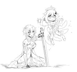 Rule 34 | 2girls, artist name, ayaneruwu, blood, boots, bracer, breasts, bug, cleavage, commentary, crown, deep wound, dress, english commentary, eyes visible through hair, floating, flower, genshin impact, gloves, greyscale, hair between eyes, hair flower, hair ornament, hairpin, holding, holding sword, holding weapon, injury, levitation, long sleeves, lumine (genshin impact), monochrome, multiple girls, paimon (genshin impact), pinafore dress, sleeveless, sleeveless dress, sword, tearing up, thighhighs, weapon