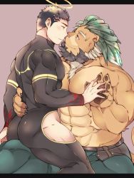 Rule 34 | 2boys, animal ears, arsalan (tokyo houkago summoners), ass, bara, bare pectorals, beard, black bodysuit, black hair, blonde hair, blush, bodysuit, brown fur, clothing cutout, couple, eye contact, facial hair, feet out of frame, fingernails, frottage, furry, furry male, furry with non-furry, green hair, halo, highres, holding hands, imminent kiss, interspecies, large pectorals, leg between thighs, lion boy, lion ears, looking at another, male focus, medium hair, multicolored hair, multiple boys, muscular, pectorals, red eyes, sharp fingernails, short hair, skin tight, stubble, thick thighs, thigh cutout, thighs, tight clothes, tokyo houkago summoners, two-tone hair, wafu (youzora samo18), yaoi, yellow eyes, zabaniyya (housamo)