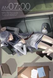 Rule 34 | 10s, 1girl, black pantyhose, blue hair, blunt bangs, box, brown eyes, cardboard box, clothes pull, couch, dress, epitaph (1122), failure penguin, highres, kantai collection, long hair, looking at viewer, lying, murakumo (kancolle), on back, pantyhose, pantyhose pull, sailor dress, solo, table