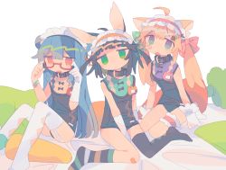 Rule 34 | 3girls, :o, adjusting eyewear, animal ears, argyle, argyle clothes, argyle legwear, asymmetrical gloves, asymmetrical legwear, bandaid, bandaid on arm, bandaid on face, bandaid on knee, bandaid on leg, bear ears, bed sheet, black hair, blue hair, carrot, cat ears, closed mouth, collar, d:, daizu (melon-lemon), elbow gloves, expressionless, furrowed brow, glasses, gloves, gradient eyes, green eyes, hair between eyes, hair ornament, hair ribbon, hairband, highres, jitome, kneehighs, knees up, lolita hairband, long hair, looking at viewer, maid headdress, multicolored eyes, multiple girls, name tag, no nose, no shoes, old school swimsuit, one-piece swimsuit, open mouth, original, pillow, rabbit ears, red eyes, ribbon, school swimsuit, semi-rimless eyewear, short hair, sitting, socks, striped clothes, striped legwear, striped socks, swimsuit, tears, thighhighs, twintails, under-rim eyewear, uneven gloves, uneven legwear, wariza, white background, white gloves, white legwear