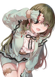Rule 34 | 1girl, :d, arm up, belt, black ribbon, blush, collar, commentary request, covering one eye, cowboy shot, earrings, frilled collar, frilled shirt, frilled shorts, frilled sleeves, frills, fukuyama satoshi, green eyes, green hair, green jacket, green shorts, hair between eyes, hand on own thigh, highres, idolmaster, idolmaster shiny colors, jacket, jewelry, leaning forward, long hair, long sleeves, looking at viewer, nail polish, nanakusa nichika, neck ribbon, open clothes, open jacket, open mouth, red nails, ribbon, shirt, shorts, simple background, sleeves past wrists, smile, solo, standing, thigh gap, thighlet, very long hair, white background, white collar, white shirt