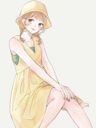 Rule 34 | 1girl, bare arms, bare legs, blush, braid, brown eyes, brown hair, bucket hat, camisole, closed mouth, collarbone, commentary, dress, furusato kou, green camisole, hand on own knee, hat, highres, looking to the side, medium hair, nail polish, nose blush, orange nails, original, pink lips, simple background, sitting, sleeveless, sleeveless dress, solo, twin braids, white background, white hair, yellow dress, yellow hat