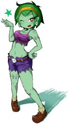 Rule 34 | 1girl, ;d, artist name, bare arms, bare shoulders, belt, blush, breasts, cleavage, colored skin, cutoffs, earrings, eyelashes, full body, green hair, green skin, hand on own hip, happy, headband, heart, heart-shaped pupils, highres, jewelry, legs, loafers, looking at viewer, medium breasts, midriff, navel, one eye closed, open mouth, pants, pigeon-toed, purple pants, purple tank top, red eyes, rottytops, shantae (series), shoes, short hair, shorts, sideboob, simple background, skull belt, skull earrings, smile, socks, solo, standing, star (symbol), stitches, stomach, symbol-shaped pupils, tank top, torn clothes, torn pants, torn tank top, v, white-stew, white background, wink, zombie