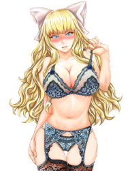 Rule 34 | 1girl, black thighhighs, blonde hair, blue eyes, blush, bow, bra, breasts, charlotte (fire emblem), cleavage, cowboy shot, fire emblem, fire emblem fates, garter belt, garter straps, hair bow, hair ribbon, highres, lace, lace-trimmed legwear, lace bra, lace panties, lace trim, large breasts, long hair, looking at viewer, navel, nintendo, panties, pocari66, ribbon, solo, strap pull, thigh gap, thighhighs, underwear, underwear only, white background, wide hips