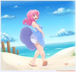 Rule 34 | 1girl, absurdres, beach, blush, carotte666, diaper, dress, highres, looking back, open mouth, pink hair, red eyes, sand, sandals, standing, surprised, tiptoes, tongue, water, wind, wind lift