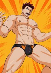 Rule 34 | 1boy, abs, bara, beard, biceps, black male underwear, boku no hero academia, briefs, bulge, danzen, endeavor (boku no hero academia), facial hair, feet out of frame, gluteal fold, highres, large pectorals, male focus, male underwear, mature male, muscular, muscular male, navel, nipples, pectorals, scar, scar across eye, scar on face, short hair, shouting, sideburns, solo, spiked hair, stomach, stubble, thick thighs, thighs, underwear, underwear only