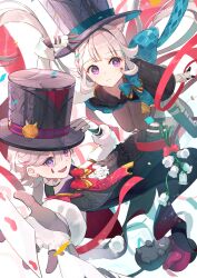 Rule 34 | 1boy, 1girl, absurdres, animal ears, bow, bowtie, breasts, brother and sister, card, cat ears, cat girl, cat tail, center frills, cleavage, facial mark, flower, frills, genshin impact, grey hair, hair bow, hat, highres, lily of the valley, lynette (genshin impact), lyney (genshin impact), multicolored hair, playing card, purple eyes, red bow, red bowtie, siblings, small breasts, star (symbol), star facial mark, streaked hair, stuffed animal, stuffed toy, tail, teardrop facial mark, top hat, two-tone gloves, yu no6767