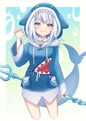 Rule 34 | 1girl, absurdres, animal hood, blue eyes, blue sky, blush, claw pose, commentary, cropped legs, fins, fish tail, gawr gura, gawr gura (1st costume), grin, highres, holding trident, hololive, hololive english, hood, hoodie, long hair, long sleeves, looking at viewer, multicolored hair, nail polish, pocket, polearm, shark girl, shark hood, shark tail, sharp teeth, sky, smile, solo, streaked hair, tail, teeth, trident, tsumurimai, virtual youtuber, weapon, white hair, zipper pull tab