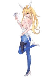 Rule 34 | 1girl, absurdres, animal ears, artoria pendragon (all), artoria pendragon (fate), artoria pendragon (swimsuit ruler) (fate), backless leotard, bare arms, bare shoulders, blonde hair, blue pantyhose, braid, breasts, card, crown braid, detached collar, fake tail, fate/grand order, fate (series), fishnet pantyhose, fishnets, from side, green eyes, hair between eyes, high heels, highres, holding, holding card, holster, leotard, long hair, looking at viewer, medium breasts, open mouth, pantyhose, playboy bunny, playing card, ponytail, pumps, rabbit ears, sideboob, simple background, solo, soymilk26, tail, thigh holster, tiara, v-shaped eyebrows, white background, white footwear, white leotard, wrist cuffs