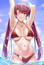 Rule 34 | 1girl, armpits, arms behind head, arms up, bare shoulders, bikini, blue sky, blush, breasts, cleavage, collarbone, earrings, eyewear on head, heart, heart-shaped eyewear, highres, hololive, houshou marine, houshou marine (summer), jewelry, large breasts, licking lips, long hair, looking at viewer, navel, necklace, ocean, okitakung, one eye closed, red bikini, red eyes, red hair, sky, smile, sunglasses, swimsuit, tongue, tongue out, twintails, virtual youtuber, wading, wet