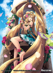 Rule 34 | 1girl, absurdly long hair, anklet, armband, bare shoulders, barefoot, bird, blonde hair, dress, feet, flower, force of will, fukuzou, green eyes, hair flower, hair ornament, jewelry, long hair, petals, smile, soles, solo, toes, tower, very long hair
