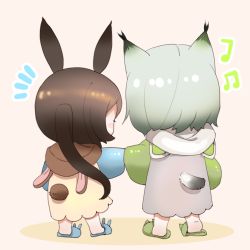 Rule 34 | 2girls, amiya (arknights), animal ears, arknights, blue footwear, blue sweater, brown hair, cat ears, cat girl, cat tail, chibi, clothing cutout, emphasis lines, facing away, from behind, full body, green footwear, green sweater, grey sweater, hairtail, holding hands, hood, hood down, kal&#039;tsit (arknights), multiple girls, musical note, pajamas, ponytail, rabbit ears, rabbit girl, rabbit tail, slippers, standing, sweater, tail, tail through clothes, two-tone sweater, yellow sweater