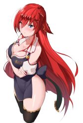 Rule 34 | 1girl, absurdres, alternate costume, apron, bare shoulders, black thighhighs, blue apron, blue eyes, blush, bow, breasts, chou shippai-saku, cleavage, closed mouth, collarbone, commentary request, cowboy shot, crossed arms, detached sleeves, eyes visible through hair, godsworn alexiel, granblue fantasy, hair between eyes, hair ornament, highres, large breasts, long hair, looking at viewer, naked apron, puffy sleeves, red hair, simple background, solo, tagme, thighhighs, very long hair, white background