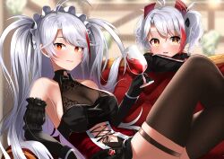 Rule 34 | 1girl, alternate costume, antenna hair, azur lane, belt collar, black dress, black gloves, breasts, brown thighhighs, clothing cutout, collar, cross, cup, dress, drinking glass, elbow gloves, gloves, headgear, highres, iron cross, large breasts, little prinz eugen (azur lane), long hair, long sleeves, maid headdress, mole, mole on breast, multicolored hair, navel cutout, official alternate costume, orange eyes, prinz eugen (azur lane), prinz eugen (kindred evening spirits) (azur lane), red dress, red hair, see-through, see-through dress, sleeveless, streaked hair, swepot, thigh strap, thighhighs, two-tone dress, two-tone hair, very long hair, white hair, wine glass, yellow eyes