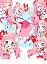 Rule 34 | 1girl, apple juice, aqua eyes, bare shoulders, commission, double v, dress, frilled dress, frills, hair ribbon, heart, heterochromia, highres, juice, looking at viewer, pantyhose, pink dress, pink eyes, pink hair, puffy short sleeves, puffy sleeves, red footwear, red ribbon, ribbon, short sleeves, sketch, twintails, v, white pantyhose, wrist cuffs, yen0028