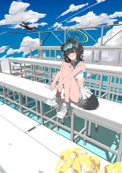 Rule 34 | 1girl, animal ears, black hair, bleachers, blue archive, blue eyes, blue sky, blush, breasts, cheerleader, cleavage, cloud, crop top, day, dog ears, dog girl, dog tail, drone, gloves, goggles, goggles on head, halo, hibiki (blue archive), hibiki (cheer squad) (blue archive), highres, long hair, looking at viewer, maria (syake-uni), medium breasts, millennium cheerleader outfit (blue archive), nose blush, outdoors, pleated skirt, pom pom (cheerleading), shoes, single glove, sitting, skirt, sky, sneakers, solo, star (symbol), sticker, sticker on face, tail, white footwear, white gloves, white skirt