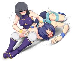 Rule 34 | 2girls, ass, black hair, blue eyes, blue hair, boots, breasts, cleavage, cleavage cutout, clothing cutout, highres, knee pads, leotard, lucky uchida, minami toshimi, multiple girls, nexas, saliva, short hair, submission, tears, wrestle angels, wrestle angels survivor, wrestling, wrestling outfit