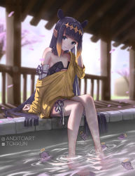 Rule 34 | 1girl, :3, absurdres, artist name, barefoot, black dress, cherry blossoms, commentary, dress, english commentary, feet in water, flat chest, gradient hair, hair in own mouth, halo, headpiece, highres, hololive, hololive english, long hair, looking at viewer, multicolored hair, ninomae ina&#039;nis, octopus, orange hair, outdoors, pillar, pointy ears, purple hair, sauna, shirt, short dress, sidelocks, sitting, smile, stone, strapless, strapless dress, swimming, takodachi (ninomae ina&#039;nis), tentacle hair, tokkun, tree, tube dress, very long hair, virtual youtuber, water, yellow shirt