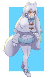 Rule 34 | 1girl, animal ears, arctic fox (kemono friends), blue bow, blue bowtie, blue skirt, blush, bow, bowtie, capelet, commentary request, extra ears, fox ears, fox girl, fox tail, full body, fur trim, gloves, highres, jacket, kemono friends, long hair, looking at viewer, ookii yama, pantyhose, pleated skirt, shirt, sidelocks, skirt, solo, tail, white capelet, white fur, white gloves, white jacket, white pantyhose, white shirt, yellow eyes