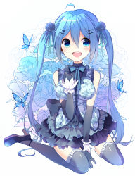 Rule 34 | 1girl, :d, alternate costume, blue eyes, blue gloves, blue hair, blue thighhighs, blush, breasts, bug, butterfly, elbow gloves, flower, frilled skirt, frills, gloves, hair flower, hair ornament, hairclip, hatsune miku, ikari (aor3507), insect, long hair, matching hair/eyes, open mouth, rose, sitting, skirt, sleeveless, smile, solo, thighhighs, twintails, vocaloid, wariza
