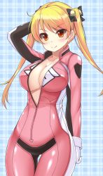 Rule 34 | 10s, 1girl, arm behind back, arm up, bakuon!!, bell, hair bell, biker clothes, bikesuit, black ribbon, blonde hair, bodysuit, breasts, checkered background, cleavage, closed mouth, collarbone, cowboy shot, eyebrows, eyelashes, gloves, hair bell, hair ornament, hair ribbon, hand in own hair, highres, large breasts, lips, looking at viewer, md5 mismatch, red eyes, ribbon, skin tight, smile, sogaya, solo, standing, suzunoki rin, thigh gap, tsurime, twintails, white gloves