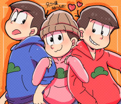 Rule 34 | 10s, 3boys, :3, :d, antenna hair, beanie, black eyes, brothers, brown hair, grin, hat, heart, hizirimode, hood, hooded sweater, long sleeves, male focus, matsuno karamatsu, matsuno osomatsu, matsuno todomatsu, multiple boys, open mouth, orange background, osomatsu-kun, osomatsu-san, osomatsu (series), short hair, siblings, simple background, smile, sweater, teeth, upper body