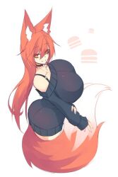 Rule 34 | 1girl, animal ear fluff, animal ears, ass, black sweater, breasts, burger, choker, collarbone, fox ears, fox girl, fox tail, huge breasts, long sleeves, looking to the side, off shoulder, orange eyes, orange hair, original, sam (sub-res), solo, sub-res, sweater, tail, thighs, white background