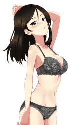 Rule 34 | 1girl, black hair, blue eyes, blush, bra, breasts, collarbone, commission, floral print, girls und panzer, grey bra, grey panties, hair between eyes, kayabakoro, large breasts, lingerie, long hair, looking at viewer, nonna (girls und panzer), panties, parted lips, pixiv commission, simple background, solo, standing, underwear, underwear only, white background