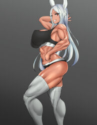 Rule 34 | 1girl, :d, abs, animal ears, arm behind head, arm up, ass, bare arms, bare shoulders, black background, black buruma, black sports bra, boku no hero academia, breasts, buruma, dark-skinned female, dark skin, from side, koucha indian, large breasts, long hair, looking at viewer, mirko, muscular, muscular female, navel, open mouth, parted bangs, rabbit ears, rabbit girl, red eyes, skindentation, smile, solo, sports bra, stomach, thick thighs, thighhighs, thighs, white hair, white thighhighs
