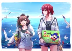 Rule 34 | absurdres, alternate costume, bag, bird, brown hair, day, dog tags, female admiral (kancolle), food, hair between eyes, highres, hood, hoodie, kantai collection, looking at viewer, looking to the side, ocean, pin.s, popsicle, red hair, school swimsuit, seagull, shorts, sleeves rolled up, swimsuit, swimsuit under clothes, tagme, taiwan, twitter username, waves, yellow eyes, yukikaze (kancolle)