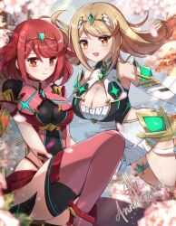 Rule 34 | 2girls, blonde hair, breasts, cleavage, highres, large breasts, multiple girls, mythra (xenoblade), pyra (xenoblade), red eyes, red hair, xenoblade chronicles (series), xenoblade chronicles 2, yellow eyes, zer00han