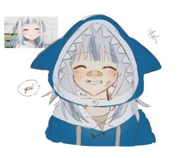 Rule 34 | 1girl, :d, ^ ^, animal costume, animal hood, bandaid, bandaid on face, bandaid on nose, blue hoodie, blunt bangs, clenched teeth, closed eyes, commentary, cropped torso, dirty, dirty face, drawstring, english commentary, english text, gawr gura, gawr gura (1st costume), grey hair, hair ornament, highres, hololive, hololive english, hood, hood up, hoodie, injury, missing tooth, multicolored hair, open mouth, reference inset, shark girl, shark hair ornament, shark hood, sharp teeth, shew (shew03), sketch, smile, solo, speech bubble, streaked hair, teeth, virtual youtuber, white background