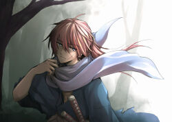 Rule 34 | 1boy, bare tree, blue eyes, blue kimono, blue scarf, closed mouth, commentary request, cross scar, facial scar, hair between eyes, hand up, high ponytail, himura kenshin, japanese clothes, katana, kimono, kimu (risatoko), long hair, looking to the side, male focus, outdoors, red hair, rurouni kenshin, samurai, scar, scar on cheek, scar on face, scarf, sheath, sheathed, solo, sword, torn clothes, torn kimono, tree, upper body, weapon, wide sleeves