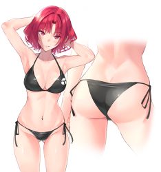 Rule 34 | 1girl, armpits, arms up, ass, bare arms, bare shoulders, bikini, black bikini, breasts, cleavage, collarbone, doitsuudon, gluteal fold, highres, horikawa raiko, looking at viewer, medium breasts, multiple views, red eyes, red hair, short hair, side-tie bikini bottom, simple background, standing, swimsuit, touhou, white background