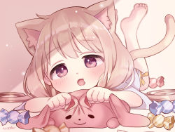 Rule 34 | animal ears, bare legs, blonde hair, blurry, blurry background, blush, candy, cat ears, cat tail, food, futaba anzu, half-closed eyes, highres, holding, holding stuffed toy, idolmaster, idolmaster cinderella girls, legs up, long hair, lying, mata, on stomach, open mouth, stuffed toy, swept bangs, tail