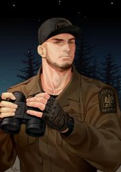 Rule 34 | 1boy, artist name, beard, collared shirt, facial hair, fingerless gloves, forest, gloves, hat, highres, insignia, looking to the side, male focus, manly, mature male, nature, night, night sky, original, outdoors, saolin (wudangx), shirt, short hair, signature, sky, solo, star (sky), thick eyebrows, tree, upper body, watch, yellow eyes