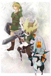 Rule 34 | 1boy, 1girl, blonde hair, blue eyes, colored sclera, colored skin, grey skin, highres, link, midna, nintendo, one eye covered, orange hair, red eyes, the legend of zelda, the legend of zelda: twilight princess, transformation, yellow sclera