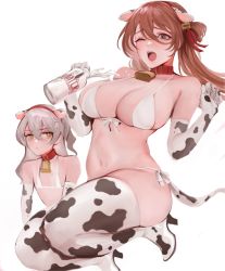 Rule 34 | 2girls, absurdres, anger vein, animal ears, animal print, bell, neck bell, bikini, boots, bottle, breast envy, breasts, brown hair, cleavage, closed mouth, collar, cow ears, cow print, elbow gloves, fake animal ears, flat chest, front-tie bikini top, front-tie top, girls&#039; frontline, gloves, grey hair, hair between eyes, hairband, high heel boots, high heels, highres, large breasts, long hair, springfield (girls&#039; frontline), milk, milk bottle, multiple girls, open mouth, side-tie bikini bottom, simple background, swimsuit, thigh boots, thighhighs, ump45 (girls&#039; frontline), white background, white bikini, yellow eyes, ygzsmh
